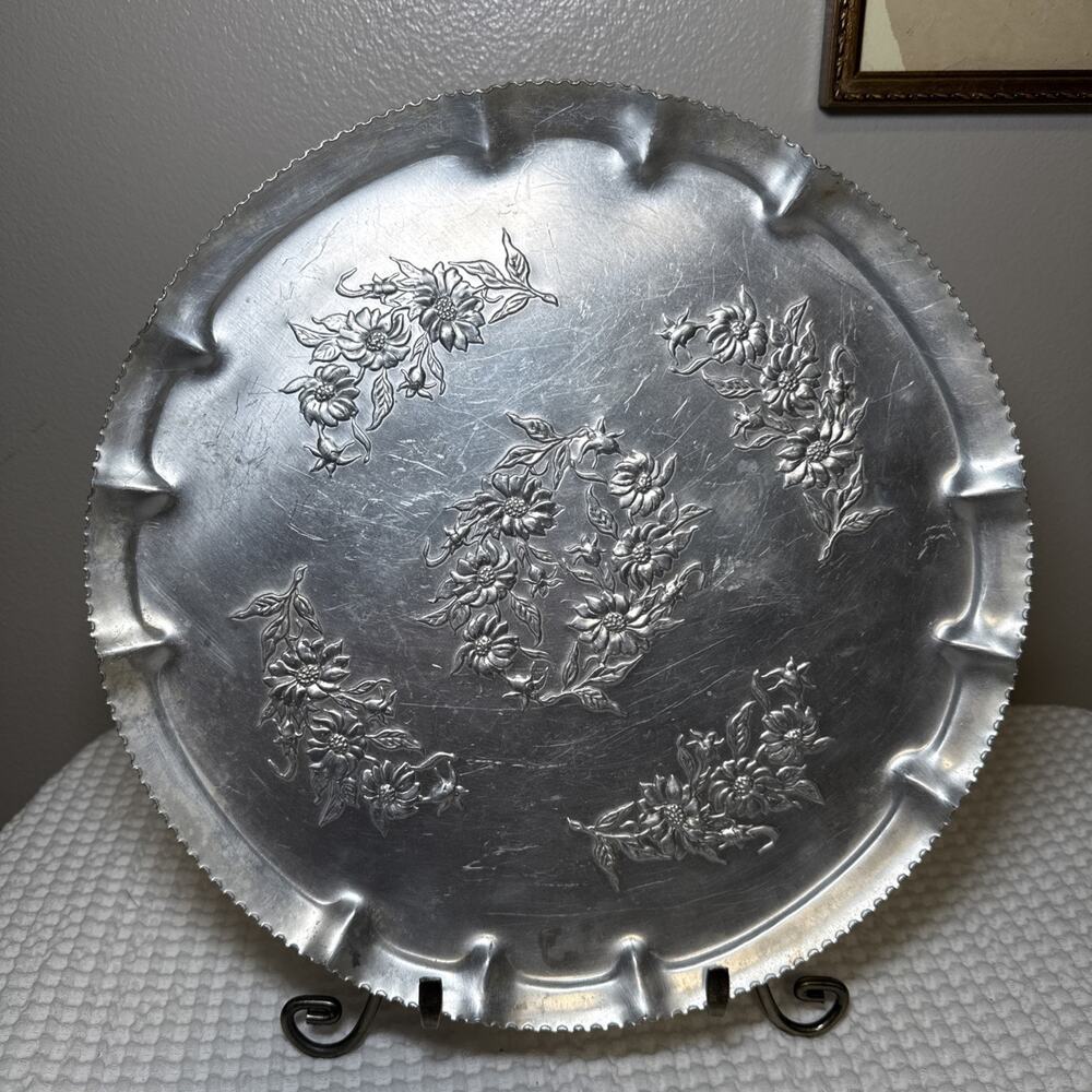 Vintage Aluminum Floral Serving Tray Scalloped Plate 12” Embossed Cottage Decor